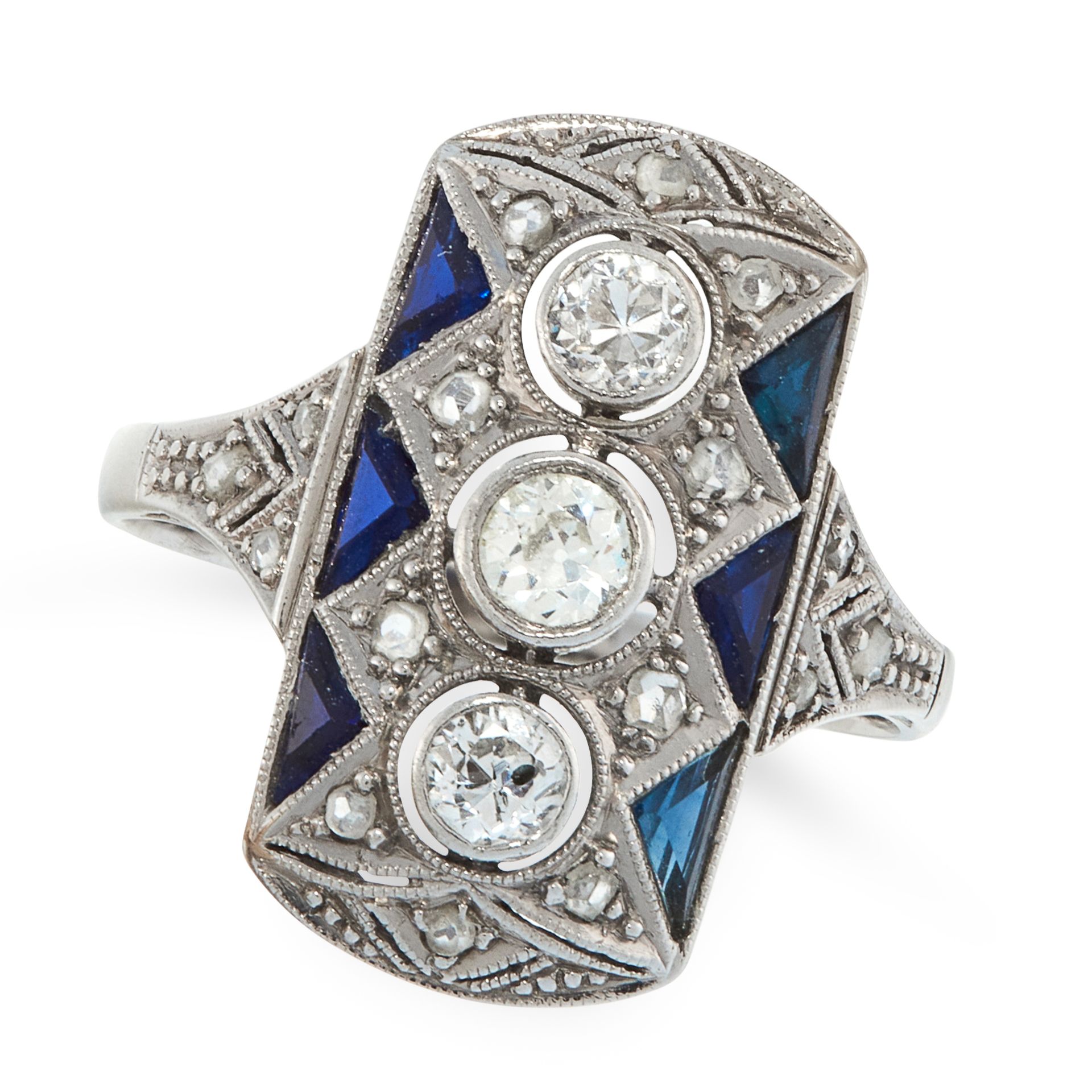 AN ART DECO DIAMOND AND SAPPHIRE RING, EARLY 20TH CENTURY in 18ct white gold, the rectangular face