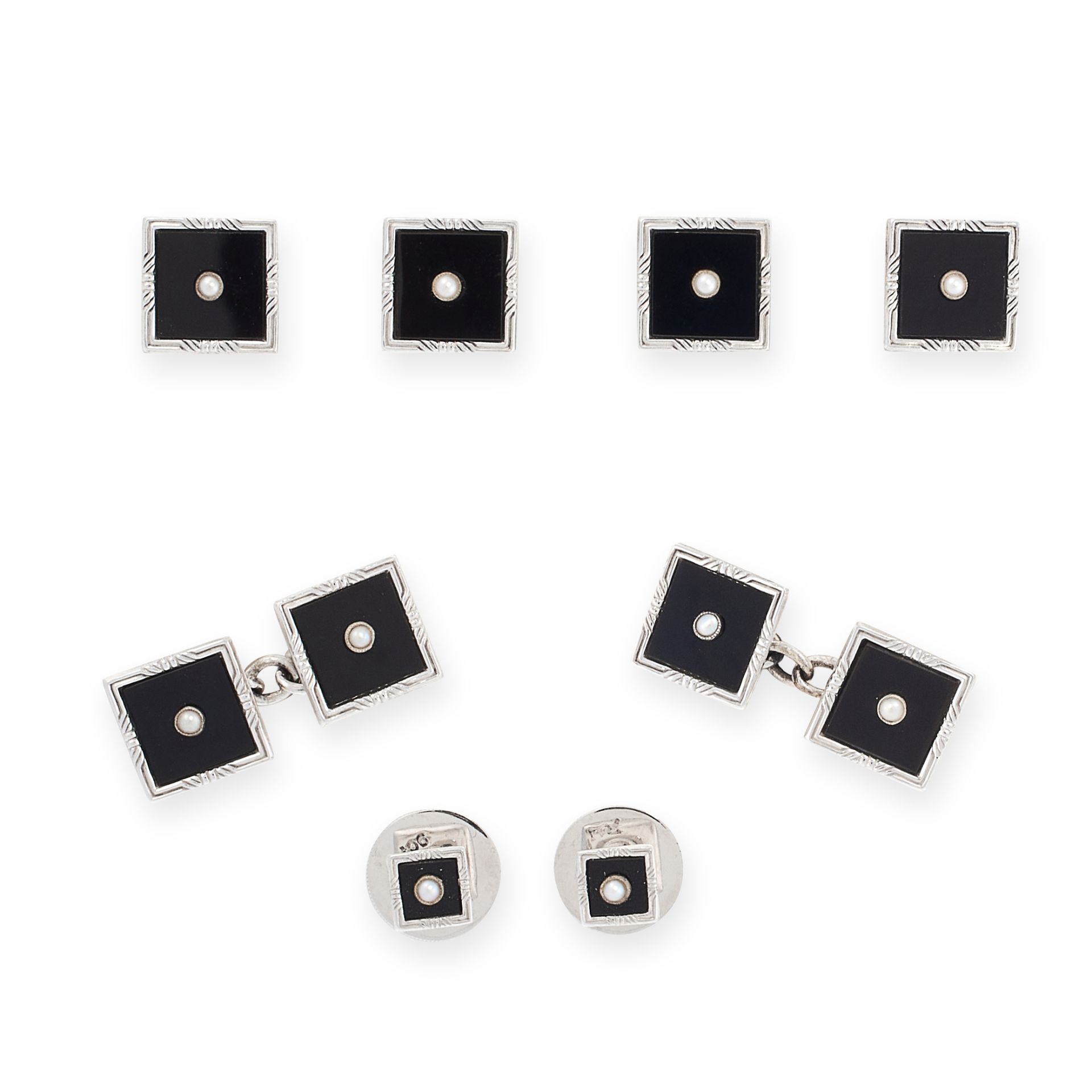 AN ONYX AND PEARL GENTLEMAN'S DRESS SET in 9ct white gold, comprising a pair of cufflinks, four