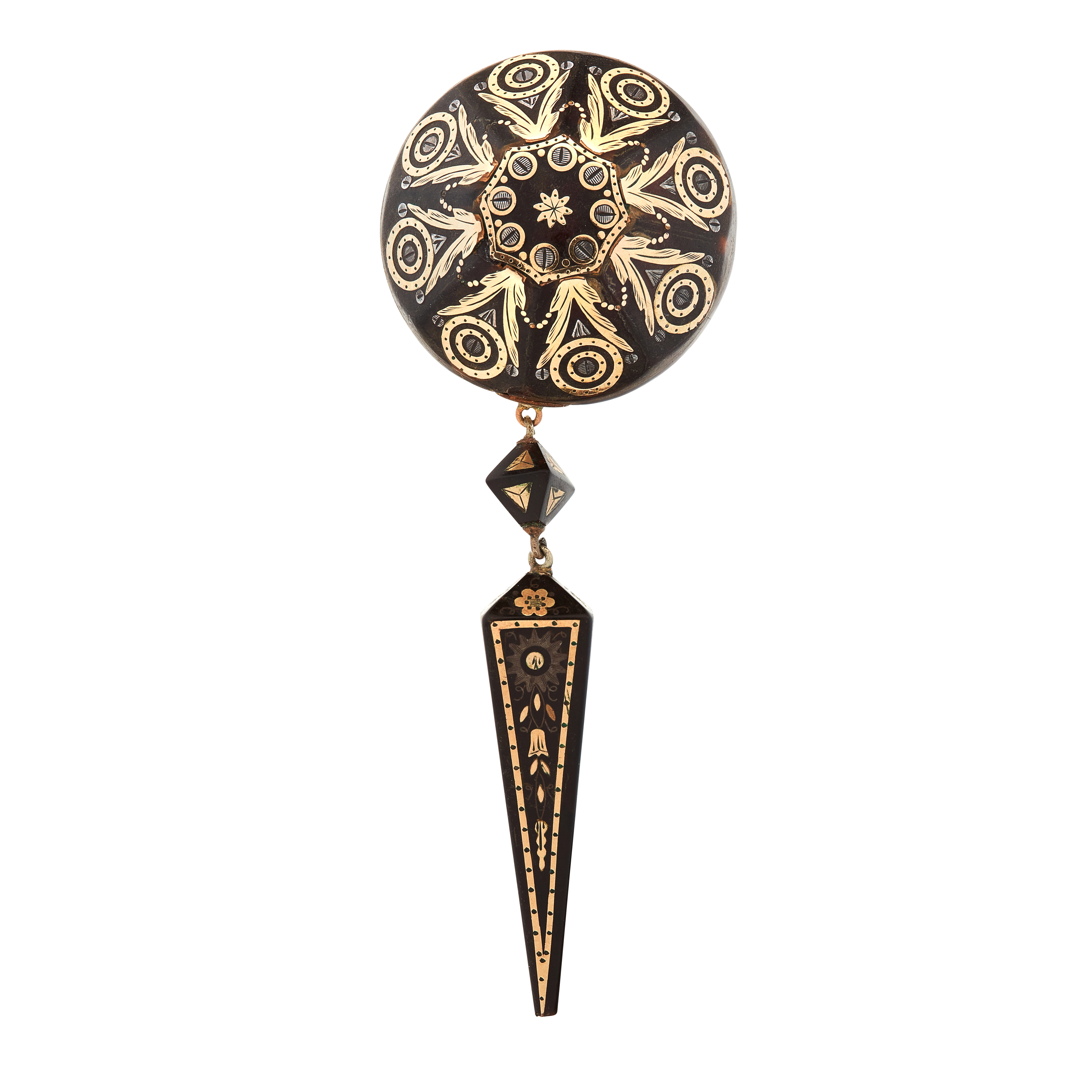 AN ANTIQUE TORTOISESHELL PIQUE BROOCH, 19TH CENTURY in yellow gold and silver, the body formed of