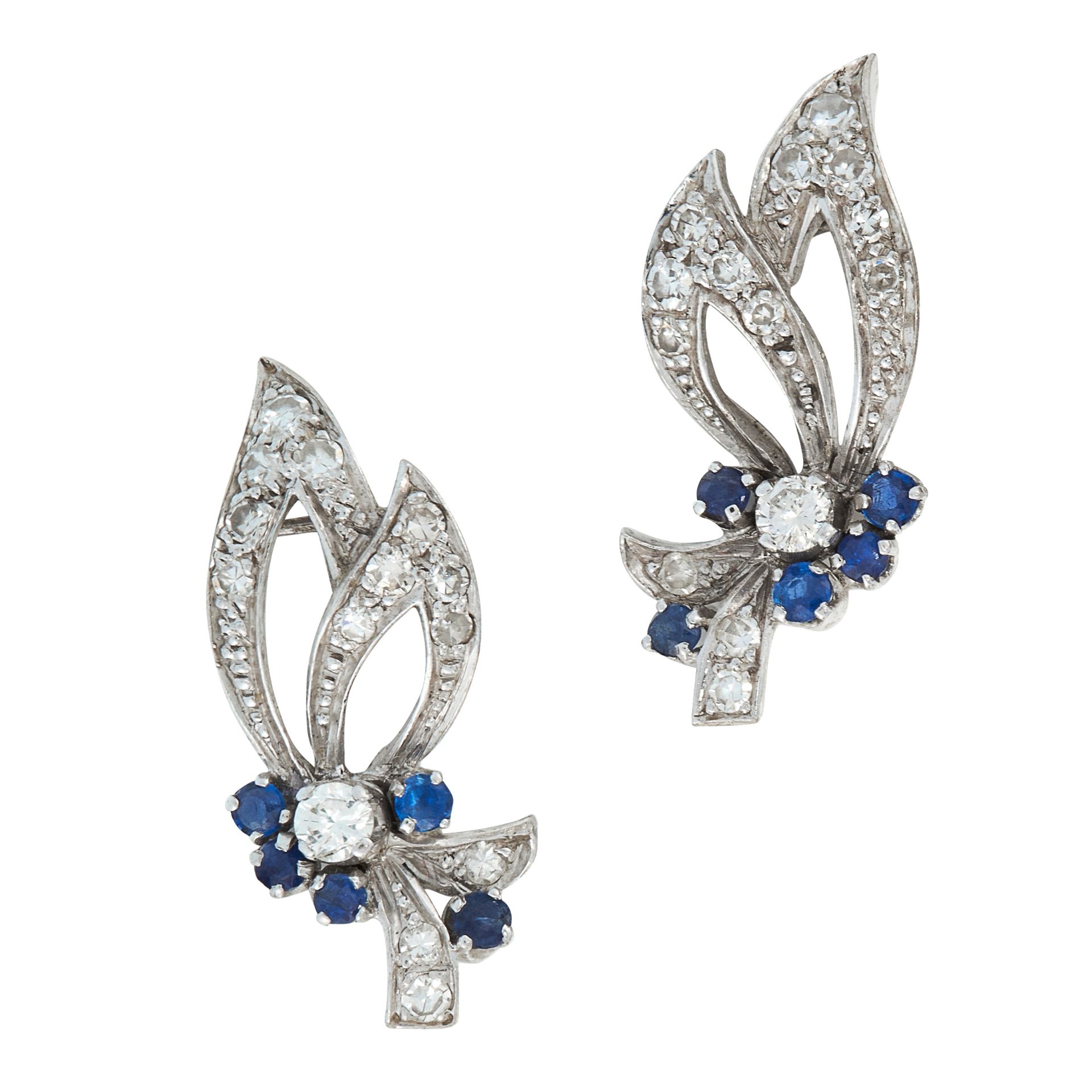 A PAIR OF VINTAGE SAPPHIRE AND DIAMOND EARRINGS in white gold, each of foliate design with ribbon