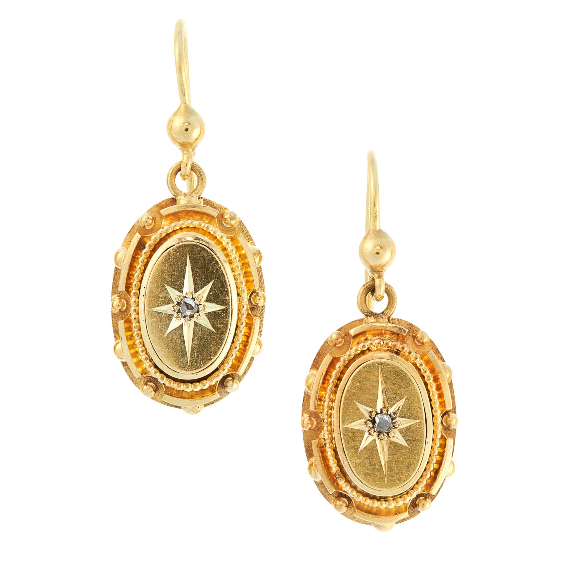 A PAIR OF ANTIQUE DIAMOND EARRINGS, 19TH CENTURY in 15ct yellow gold, the oval bodies set at the