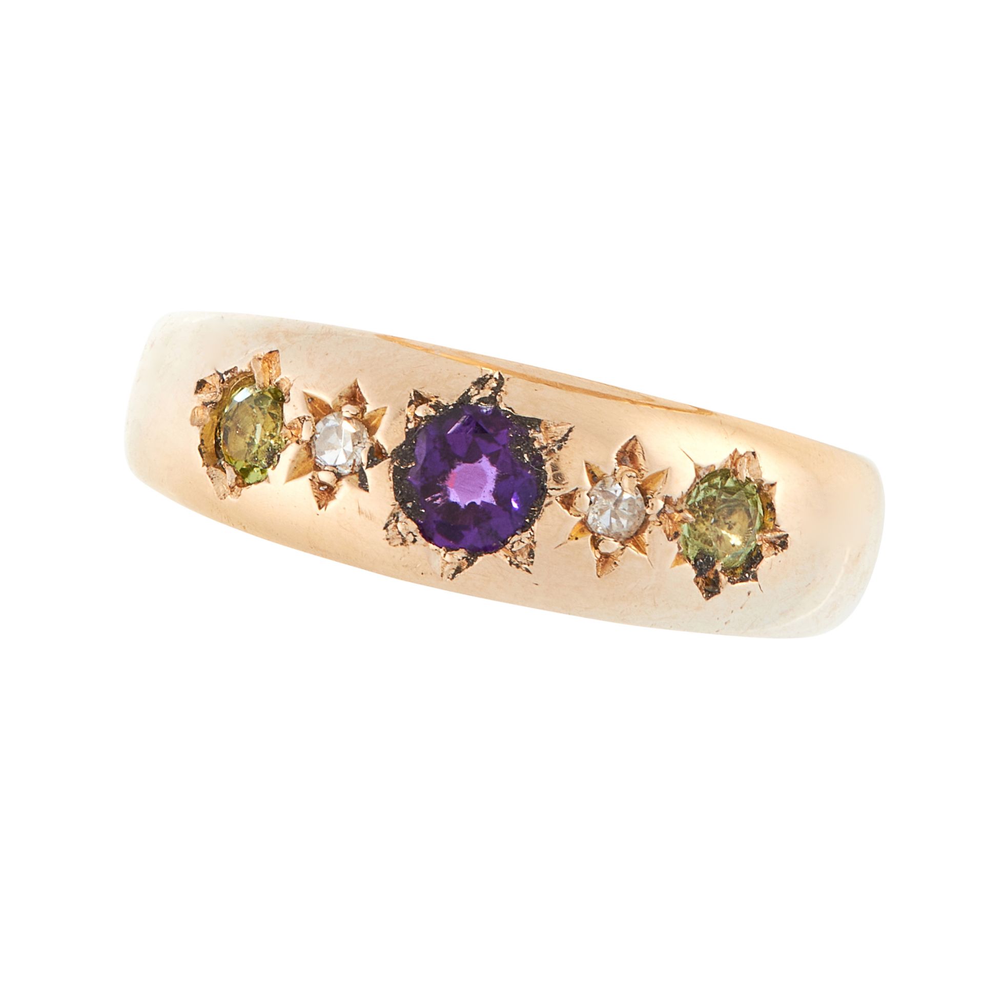 AN ANTIQUE VICTORIAN AMETHYST, PERIDOT AND DIAMOND SUFFRAGETTE DRESS RING, 1894 in 18ct yellow gold,