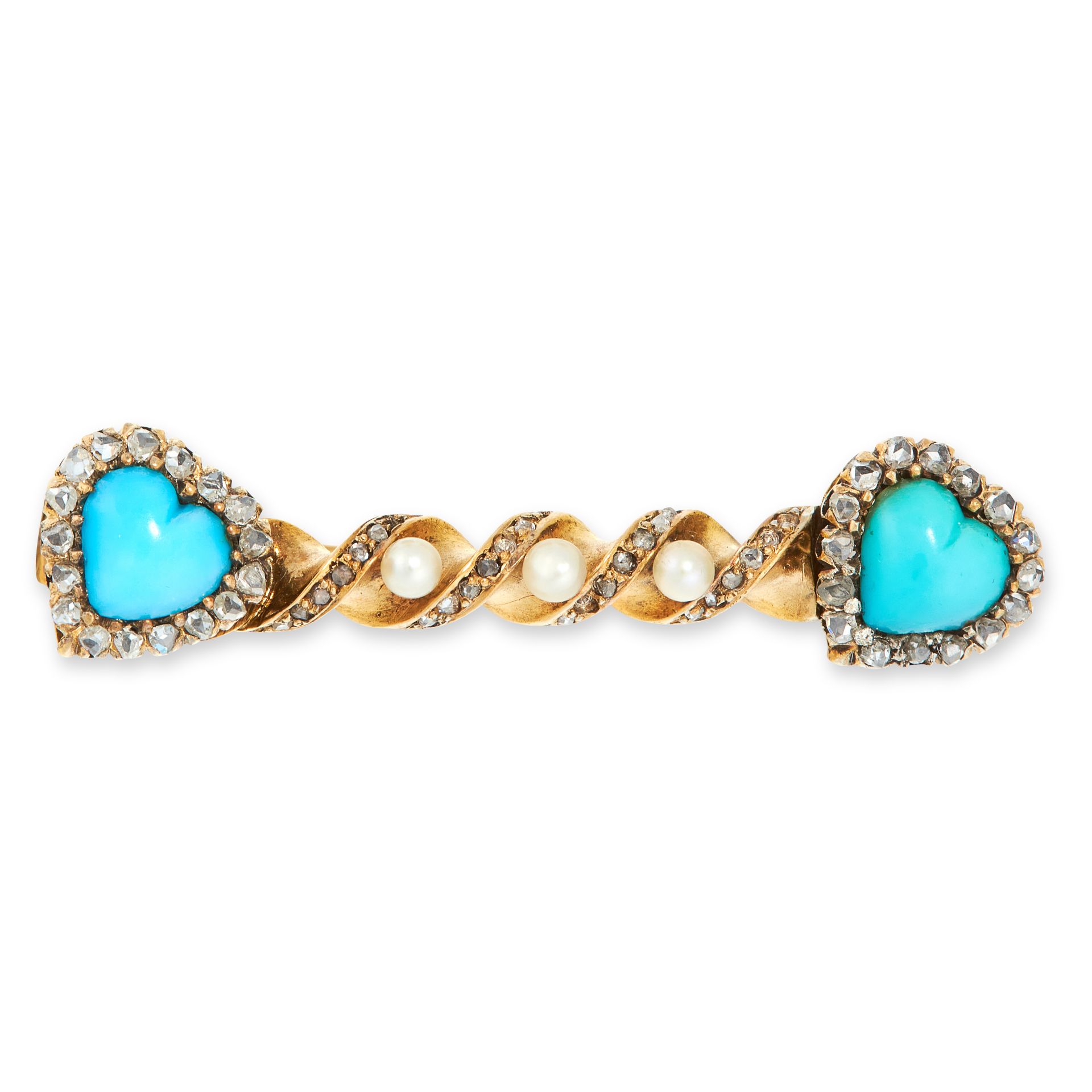 AN ANTIQUE TURQUOISE, PEARL AND DIAMOND BROOCH, 19TH CENTURY in yellow gold, the twisted bar set