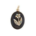 A PEARL AND ENAMEL MOURNING LOCKET PENDANT, 19TH CENTURY the oval body with an applied forget-me-not