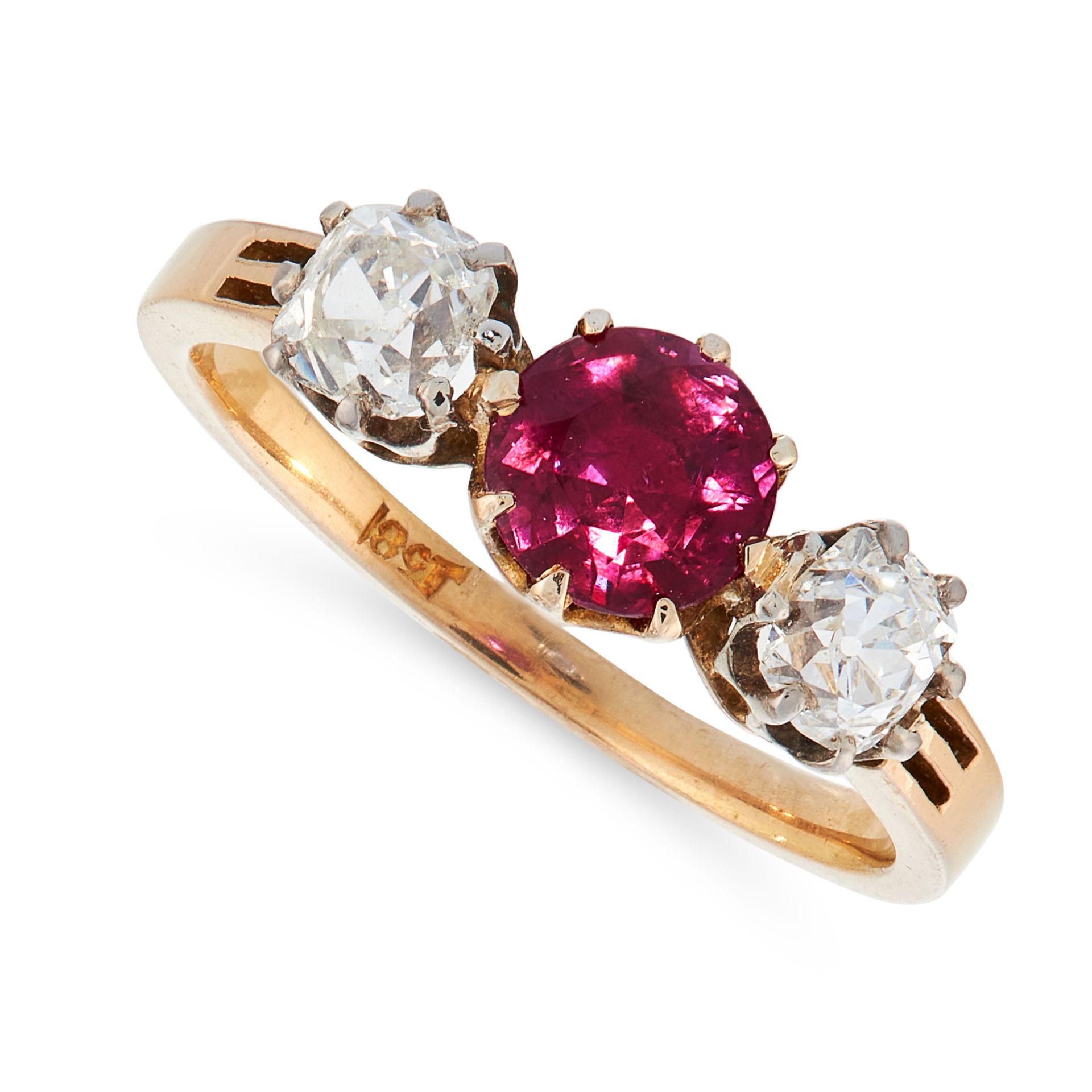 AN UNHEATED RUBY AND DIAMOND DRESS RING in 18ct yellow gold, set with a central cushion cut ruby