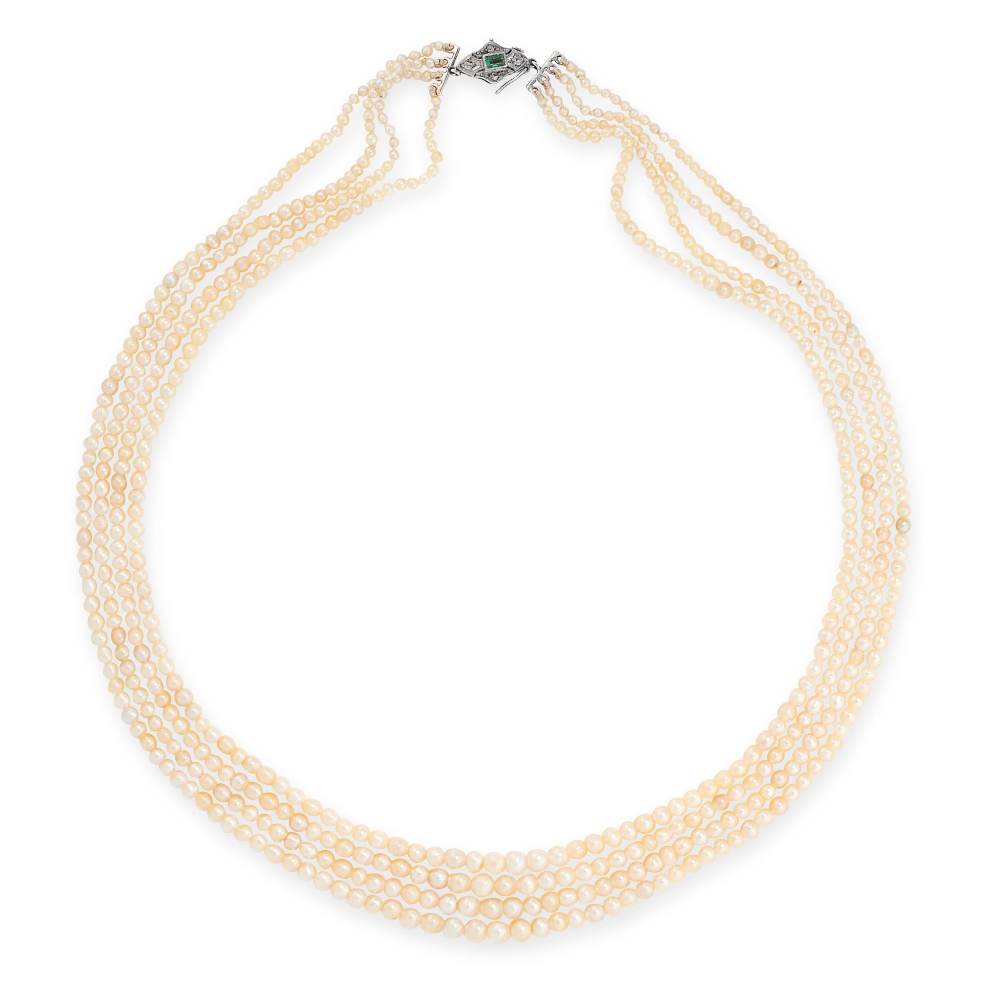 A NATURAL PEARL, EMERALD AND DIAMOND NECKLACE, EARLY 20TH CENTURY in 18ct yellow gold, comprising