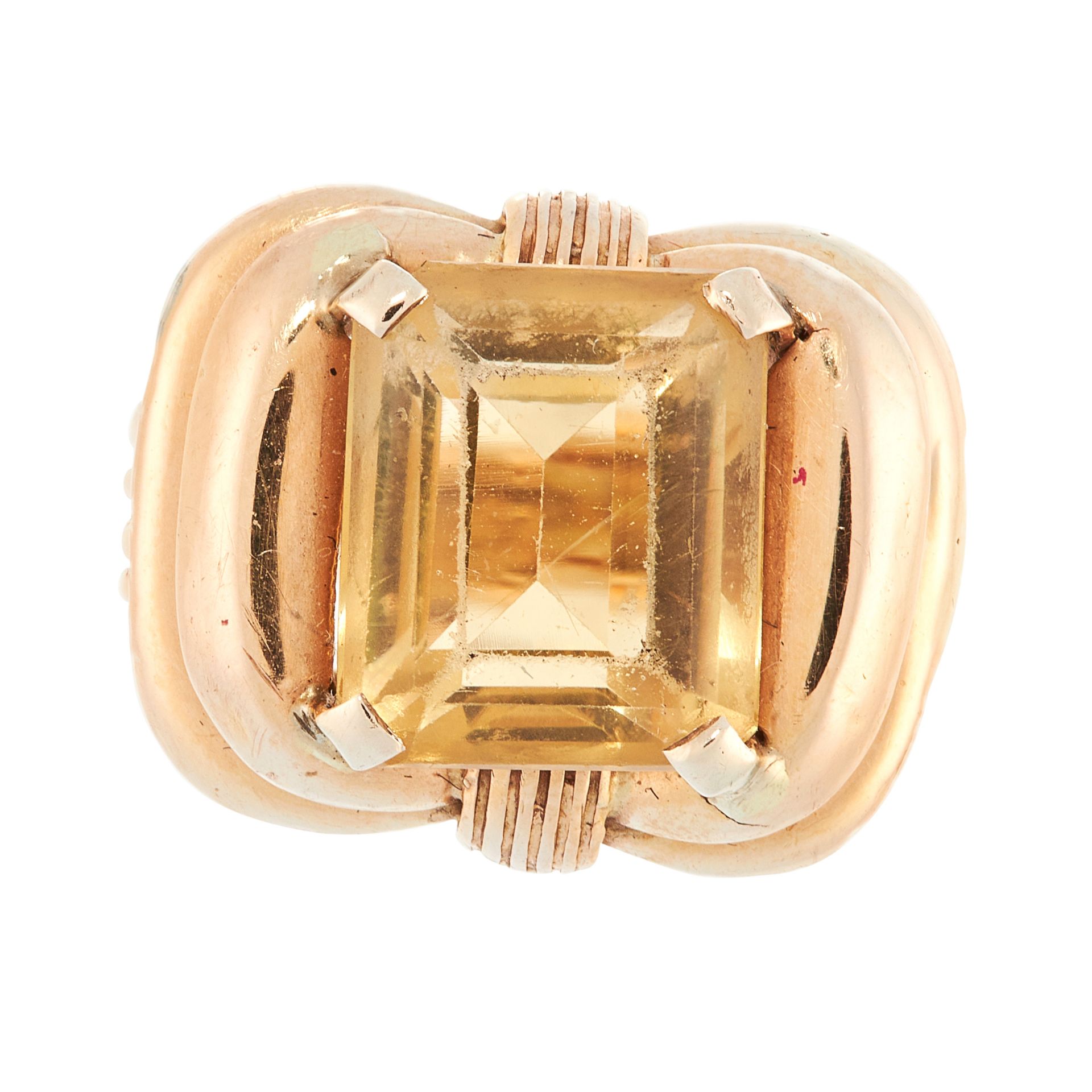 A VINTAGE CITRINE DRESS RING in 18ct yellow gold, set with an emerald cut citrine within a ribbon