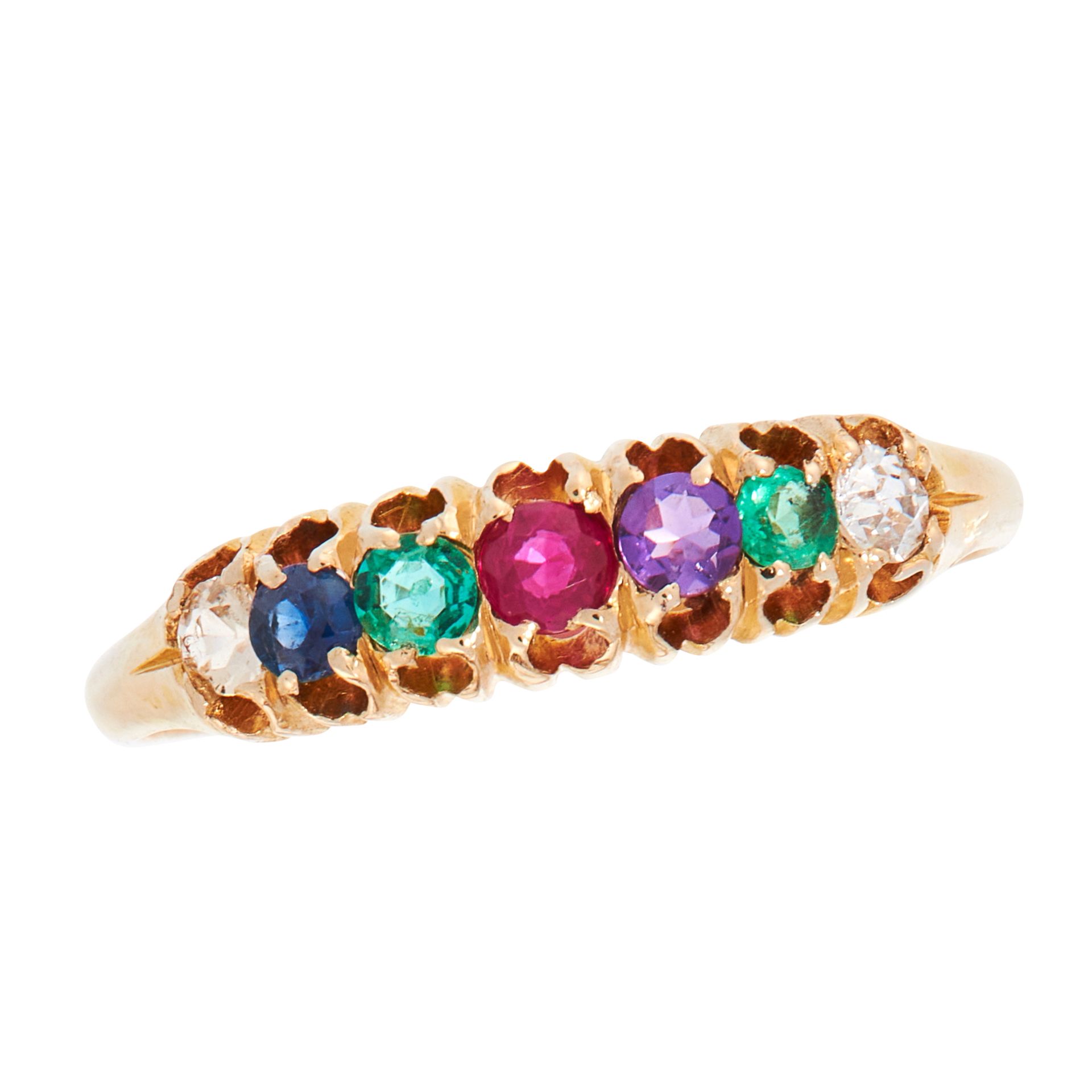 AN ANTIQUE GEMSET DEAREST DRESS RING, 19TH CENTURY in 18ct yellow gold, set with a row of seven