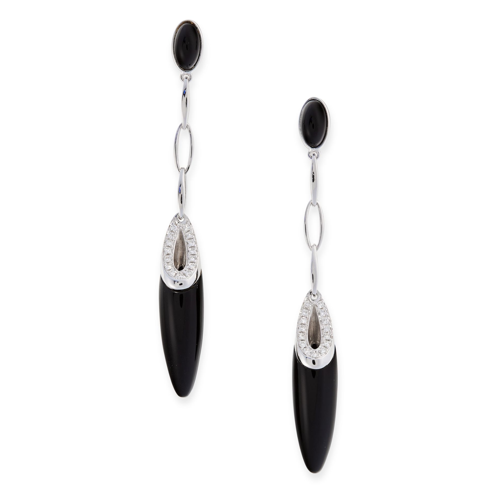 A PAIR OF ONYX AND DIAMOND DROP EARRINGS, CHIMENTO in 18ct white gold, each set with a polished onyx