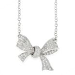 A DIAMOND PENDANT NECKLACE in 18ct white gold, designed as a ribbon tied in a bow, jewelled