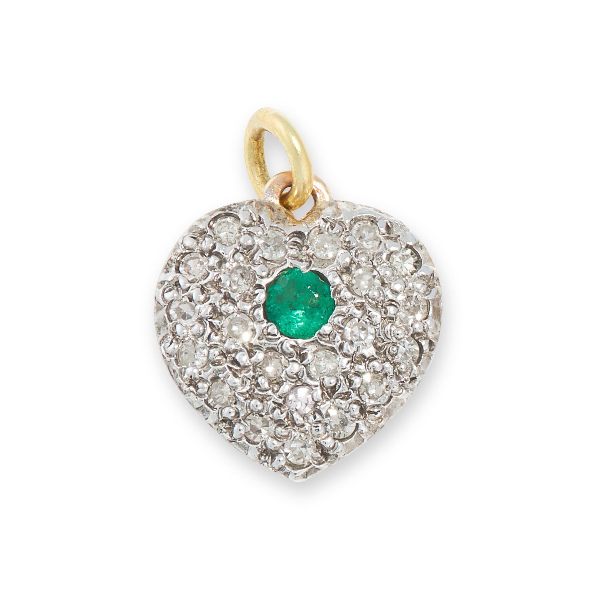 AN EMERALD AND DIAMOND HEART PENDANT / CHARM in yellow gold and silver, set with a central round cut