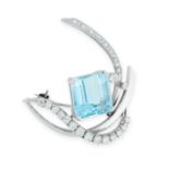 A VINTAGE AQUAMARINE AND DIAMOND BROOCH, CIRCA 1950 set with a central emerald cut aquamarine of 9.