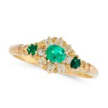 AN ANTIQUE EMERALD AND DIAMOND DRESS RING, 19TH CENTURY in 18ct yellow gold, set with a trio of