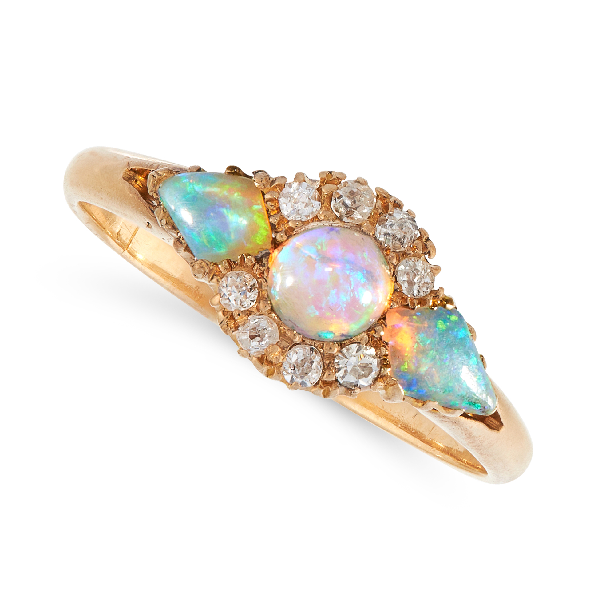 AN ANTIQUE OPAL AND DIAMOND DRESS RING, 19TH CENTURY in 18ct yellow gold, set with a central round