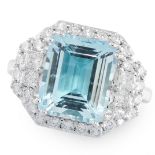 AN AQUAMARINE AND DIAMOND DRESS RING in 18ct white gold, set with an emerald cut aquamarine of 4.