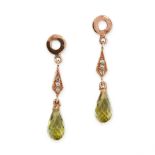 A PAIR OF PERIDOT AND DIAMOND EARRINGS comprising of a circular motif, suspending three round cut