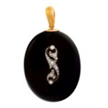 AN ANTIQUE DIAMOND AND ONYX MOURNING LOCKET PENDANT, CIRCA 1880 in 15ct yellow gold, the oval body