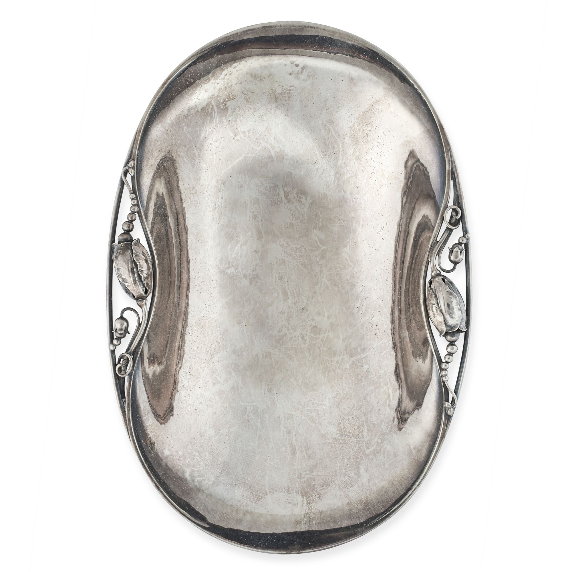 A VINTAGE BLOSSOM DISH, GEORG JENSEN in silver, design number 2A, the oval body with hammered