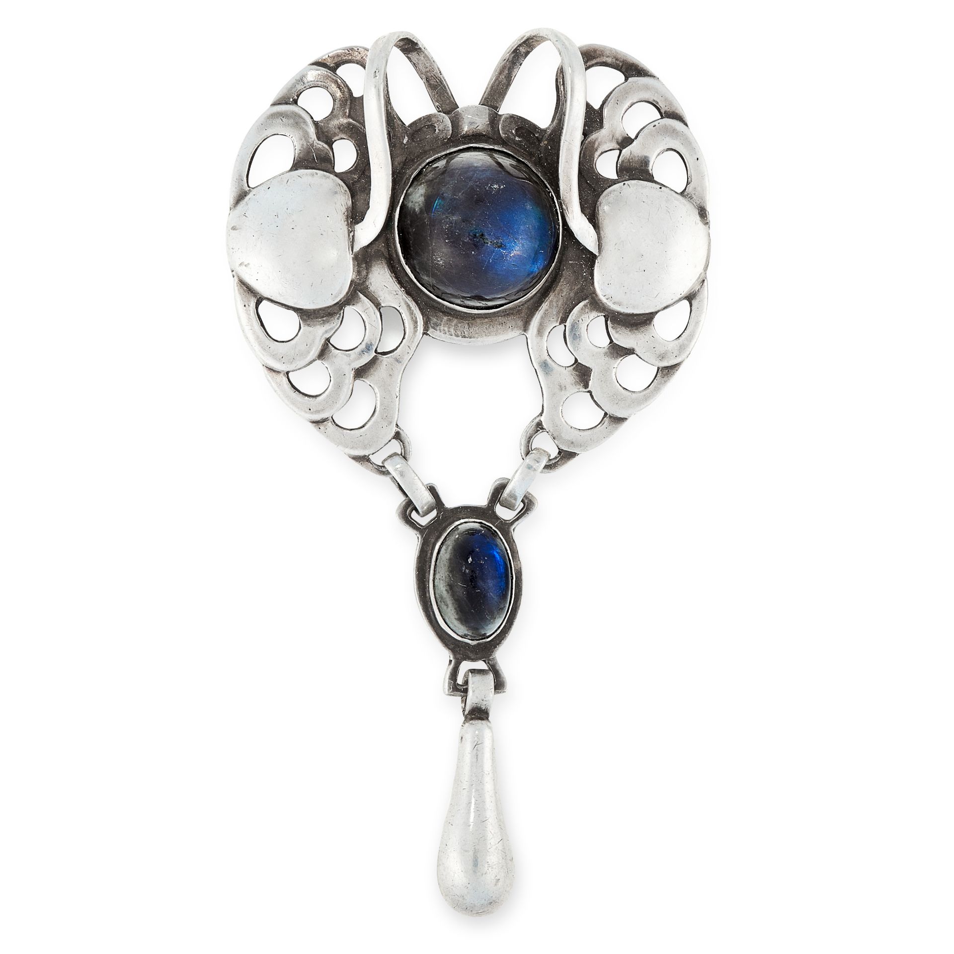 AN ANTIQUE LABRADORITE BROOCH / PENDANT, GEORG JENSEN CIRCA 1910 in silver, design number 2, set