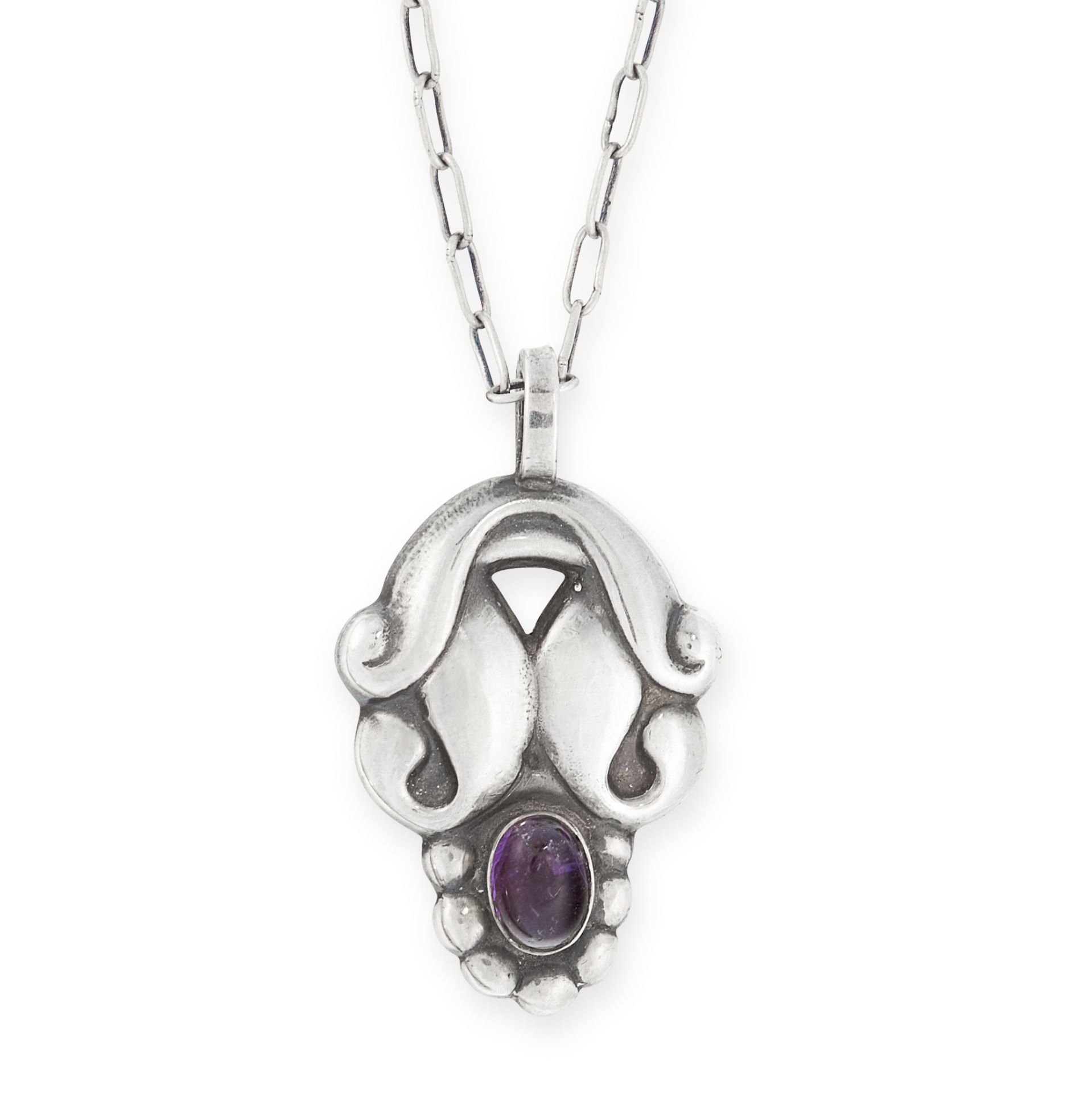 A VINTAGE AMETHYST PENDANT AND CHAIN, GEORG JENSEN in silver, design number 28, set with an oval