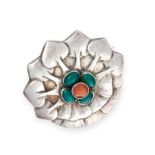 AN ANTIQUE AMBER AND CHRYSOPRASE BROOCH, GEORG JENSEN CIRCA 1910 in silver, design number 64, set