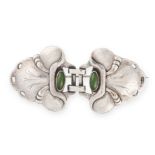 AN ANTIQUE GREEN AGATE BROOCH, GEORG JENSEN CIRCA 1910 in silver, design number 4, set with two oval