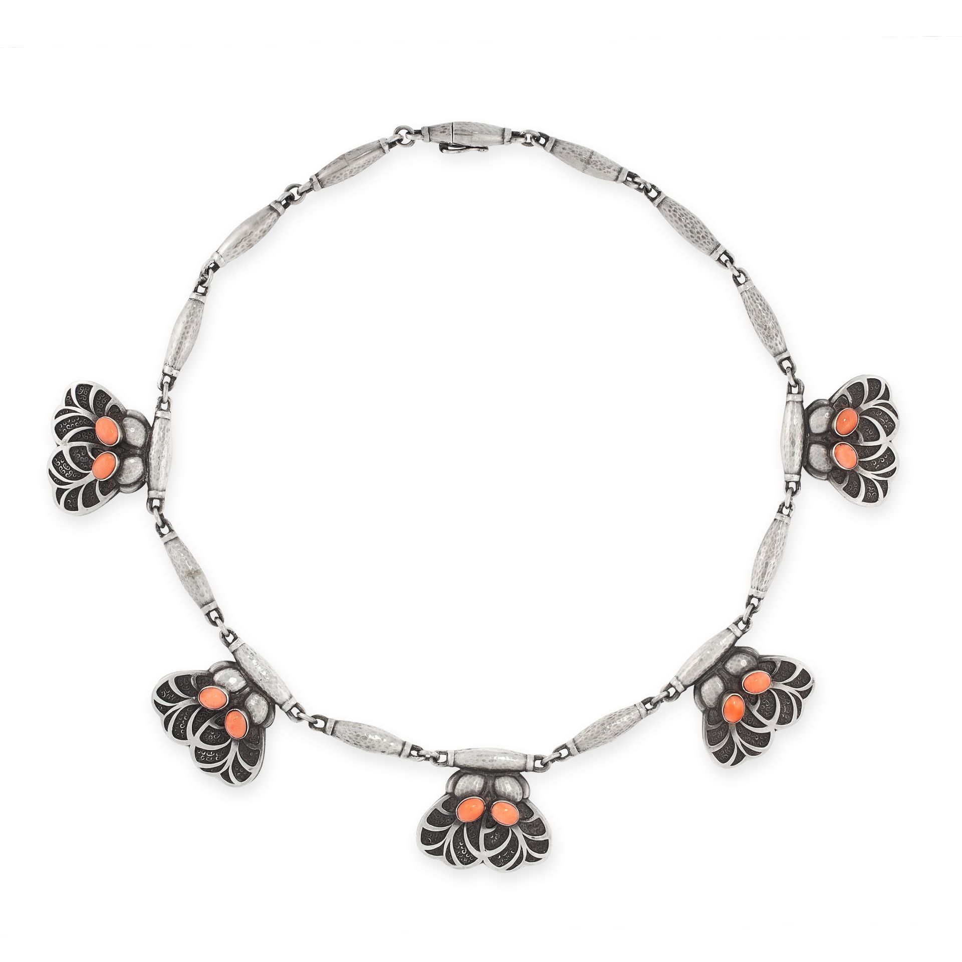 A CORAL NECKLACE, GEORG JENSEN 1933-1944 in silver, design number 4, the foliate links set with