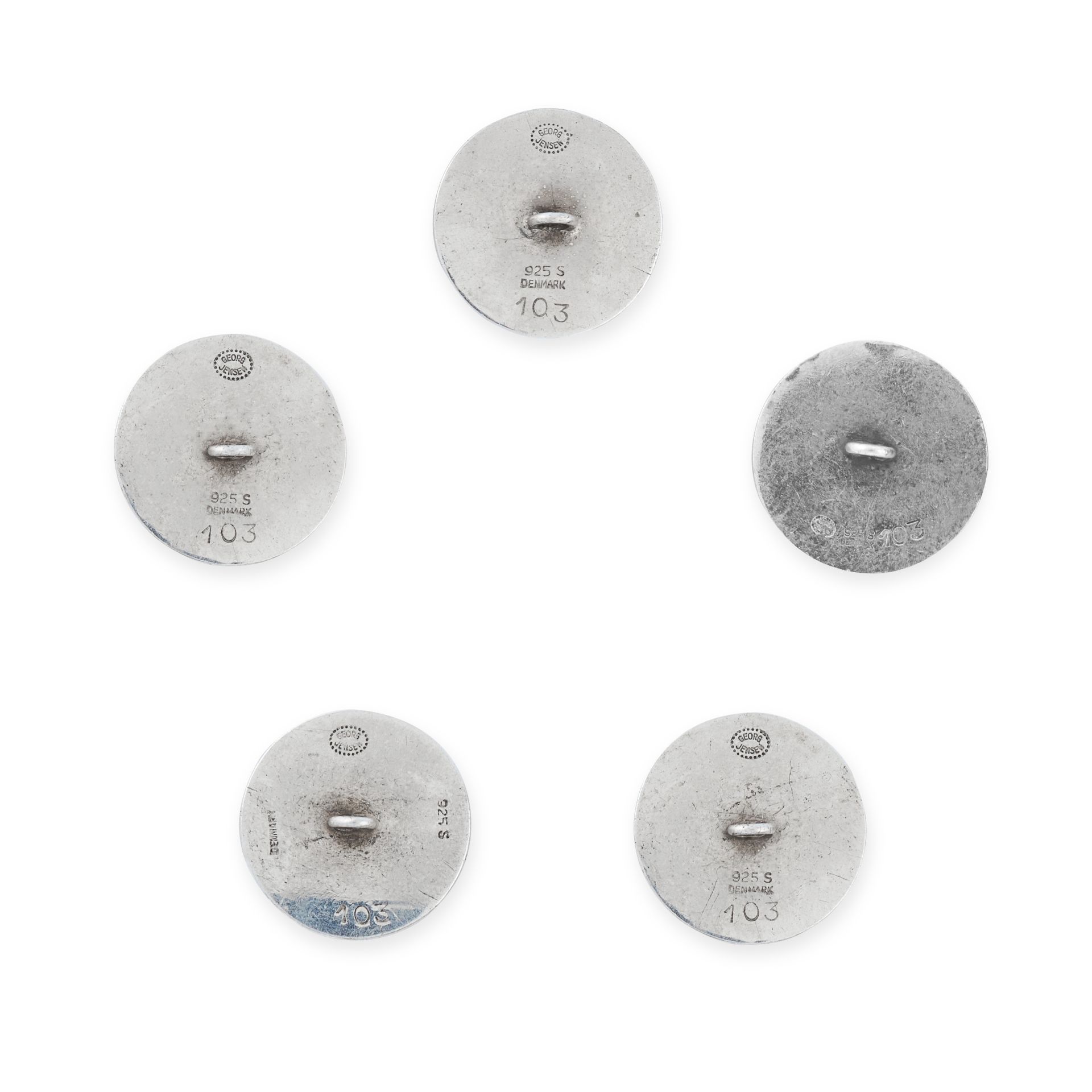 FIVE VINTAGE BUTTONS, GEORG JENSEN in silver, design number 103, each of plain circular design - Image 2 of 2