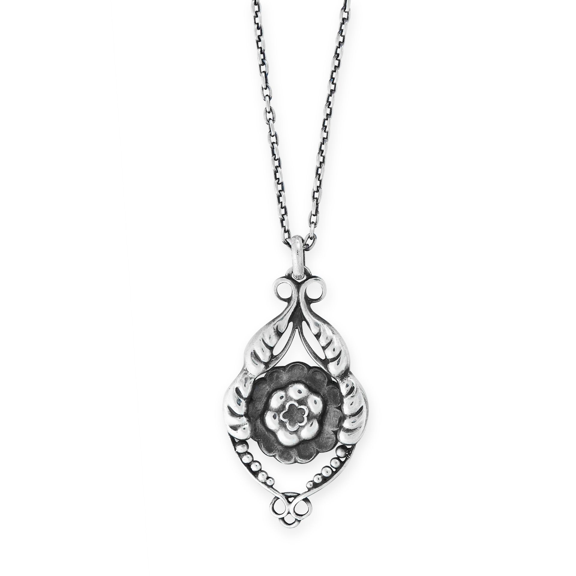 A PENDANT AND CHAIN, GEORG JENSEN CIRCA 1920 in silver, design number 37, the central flower motif