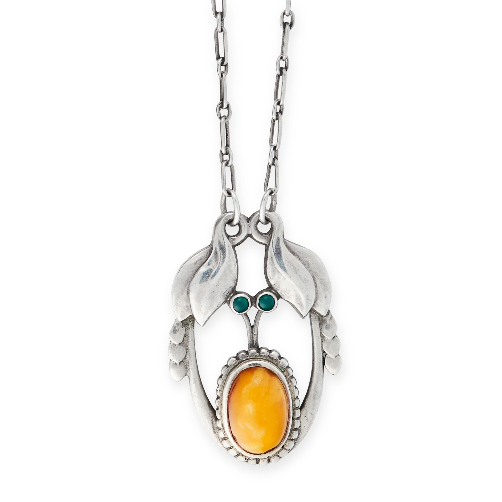 AN ANTIQUE AMBER AND CHRYSOPRASE PENDANT NECKLACE, GEORG JENSEN 1904-1908 in silver, design number