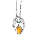 AN ANTIQUE AMBER AND CHRYSOPRASE PENDANT NECKLACE, GEORG JENSEN 1904-1908 in silver, design number