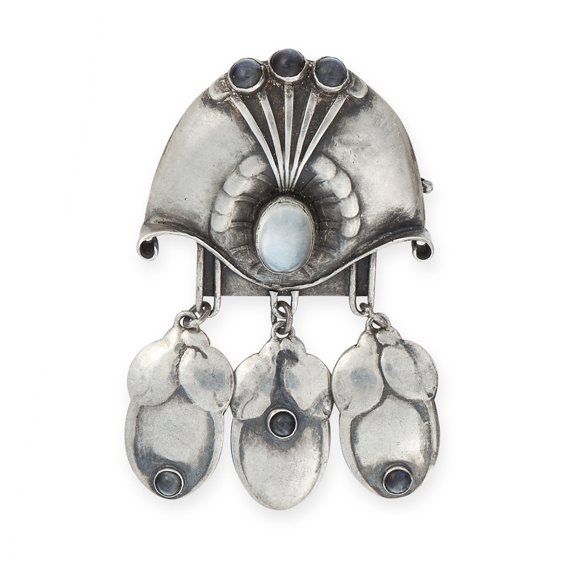 A MOONSTONE AND LABRADORITE BROOCH, GEORG JENSEN CIRCA 1920 in silver, design number 153, the styled
