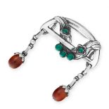 AN ANTIQUE AMBER AND CHRYSOPRASE BROOCH, GEORG JENSEN CIRCA 1910 in silver, design number 8, set