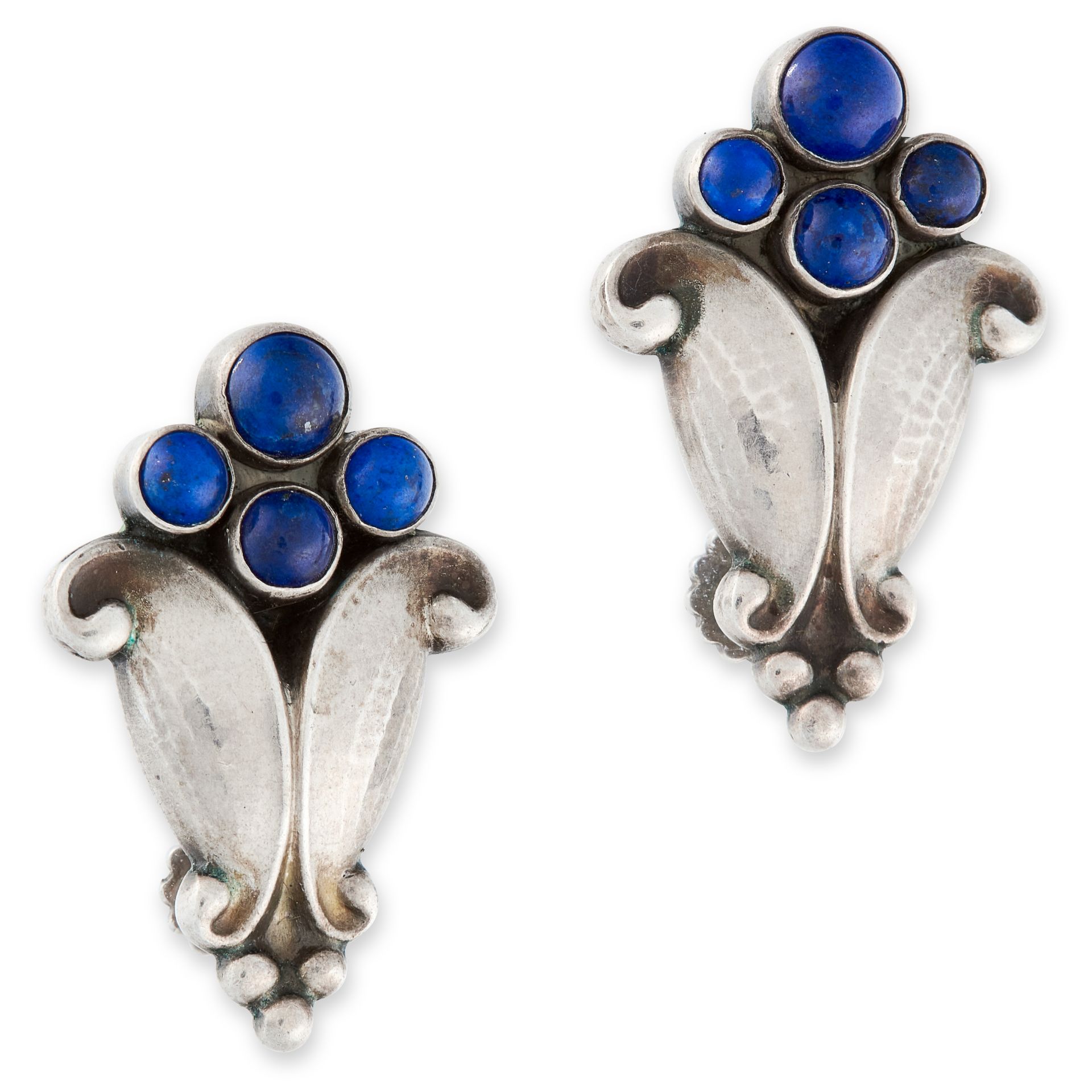 A PAIR OF VINTAGE LAPIS LAZULI CLIP EARRINGS, GEORG JENSEN in silver, design number 32B, each