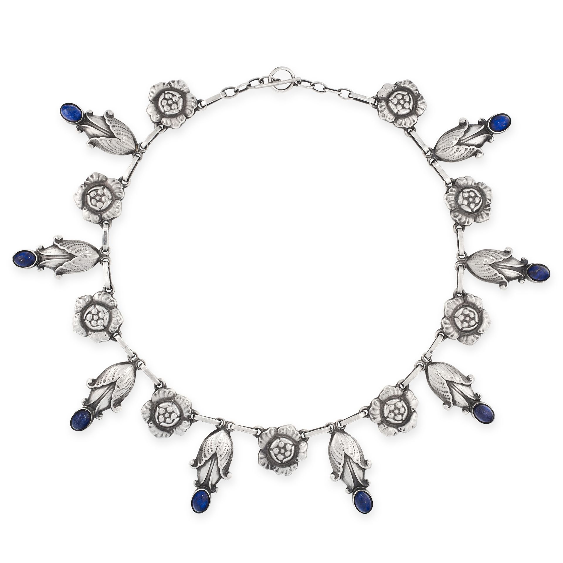 A LAPIS LAZULI NECKLACE, GEORG JENSEN 1933-44 in silver, design number 6, the alternating foliate