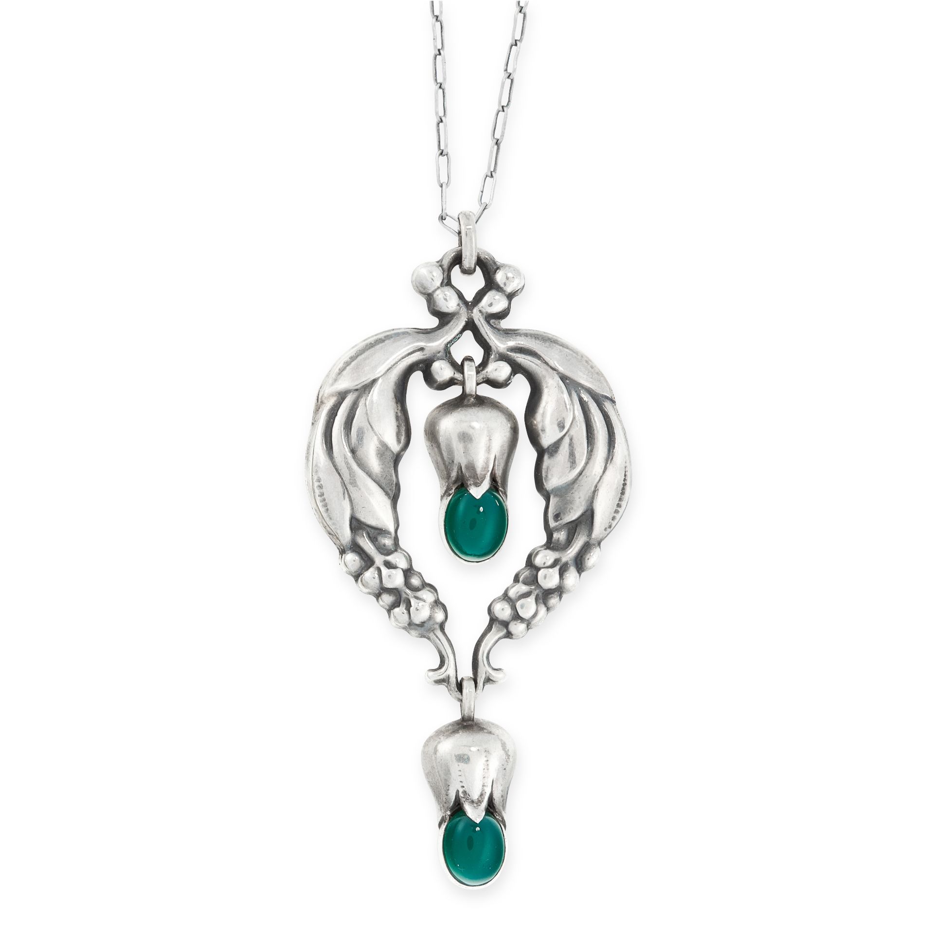 A VINTAGE CHRYSOPRASE PENDANT AND CHAIN, GEORG JENSEN in silver, design number 51, the foliate