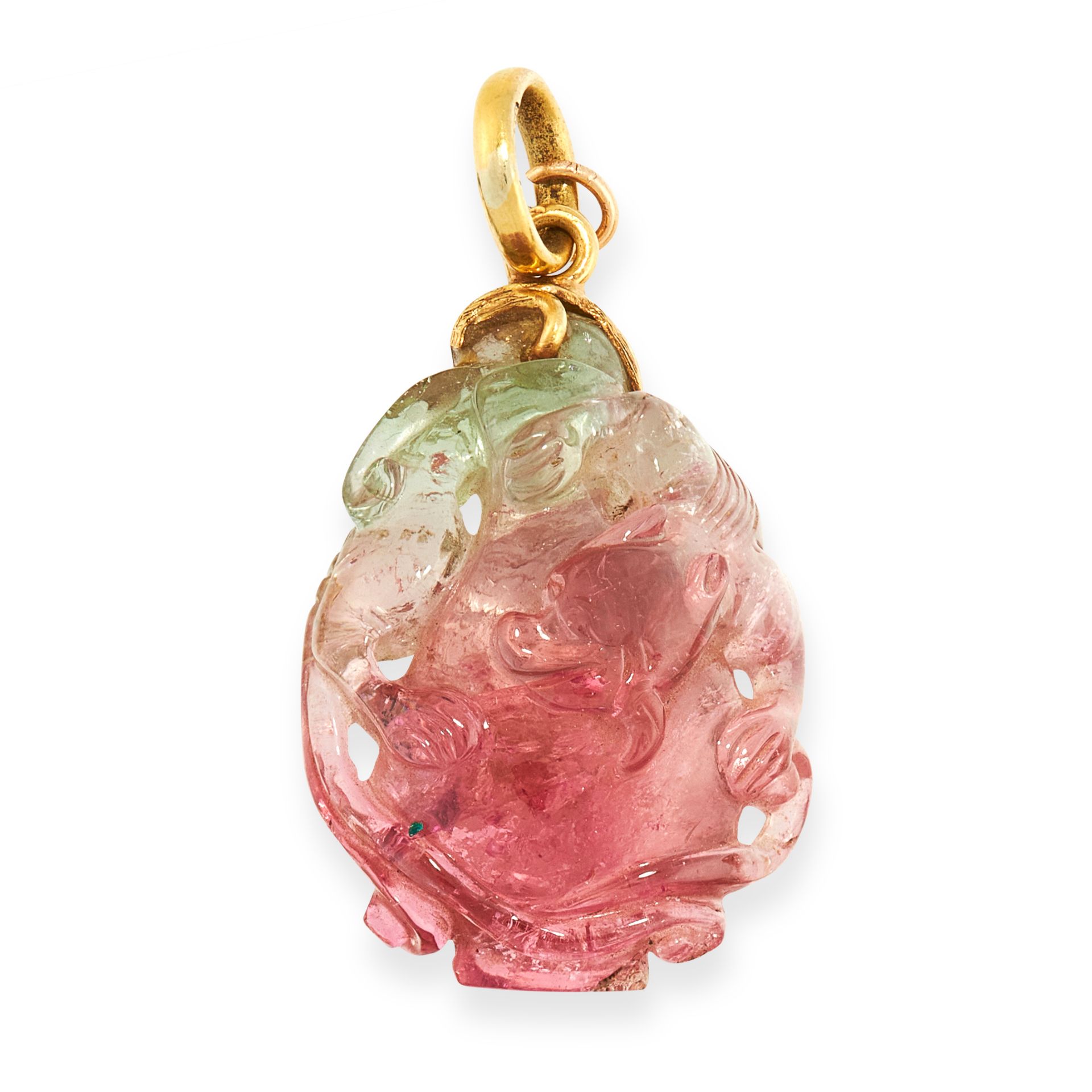 A CHINESE CARVED WATERMELON TOURMALINE PENDANT in 18ct yellow gold, the body formed of a piece of