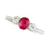 A RUBY AND DIAMOND DRESS RING in 18ct white gold, set with an oval cut ruby of 0.79 carats between