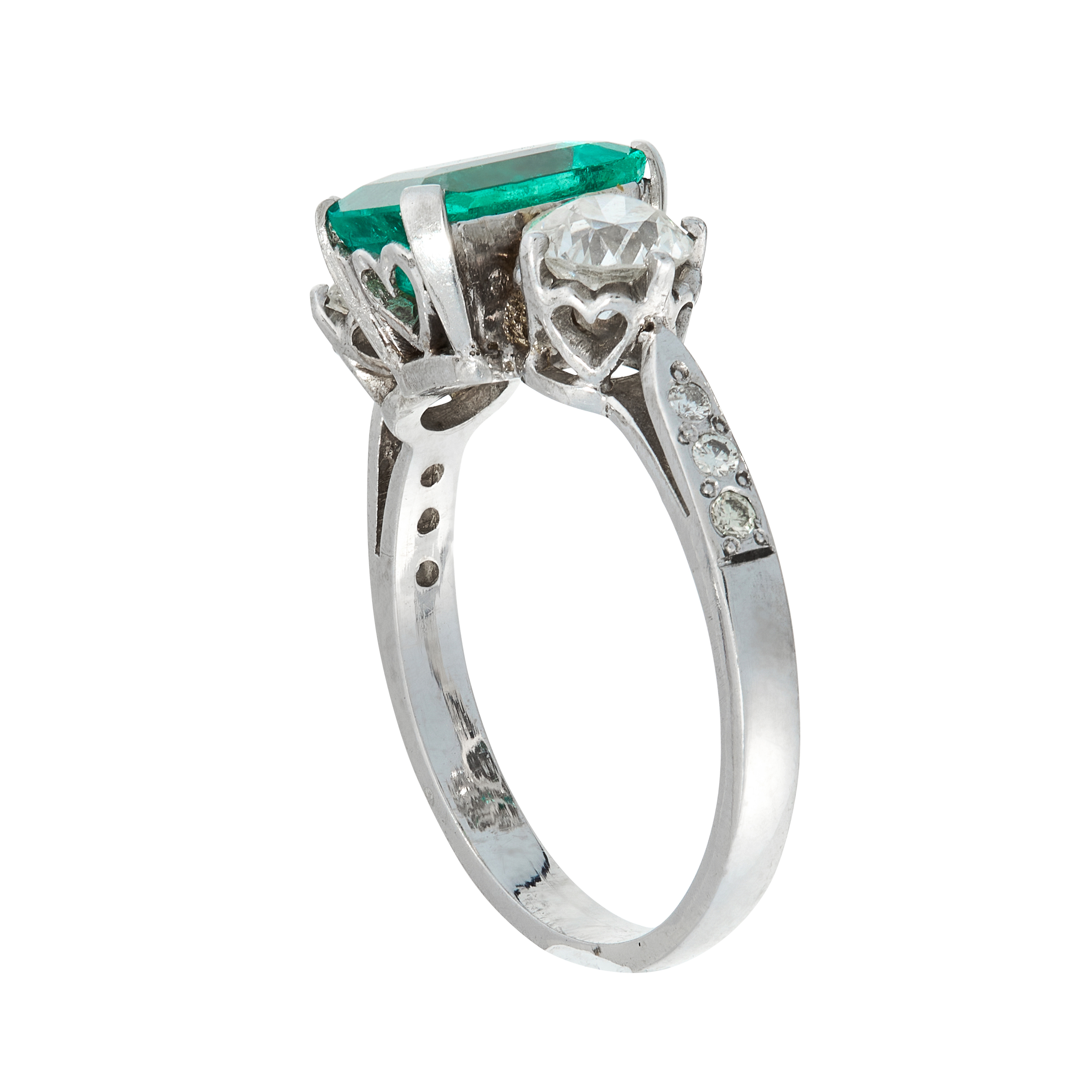 A COLOMBIAN EMERALD AND DIAMOND DRESS RING set with an emerald cut emerald of 2.01 carats, between - Image 2 of 2