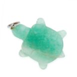 A HARDSTONE TURTLE PENDANT suspending a carved piece of green hard stone in the form of a turtle,