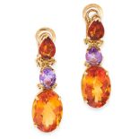 A PAIR OF CITRINE AND AMETHYST EARRINGS in high carat yellow gold, each formed of an oval and pear