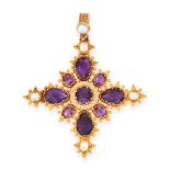 AN ANTIQUE AMETHYST AND PEARL CROSS PENDANT, 19TH CENTURY in high carat yellow gold, set with round,