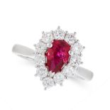 A BURMA NO HEAT RUBY AND DIAMOND DRESS RING in 18ct white gold, set with a pear cut ruby of 1.02