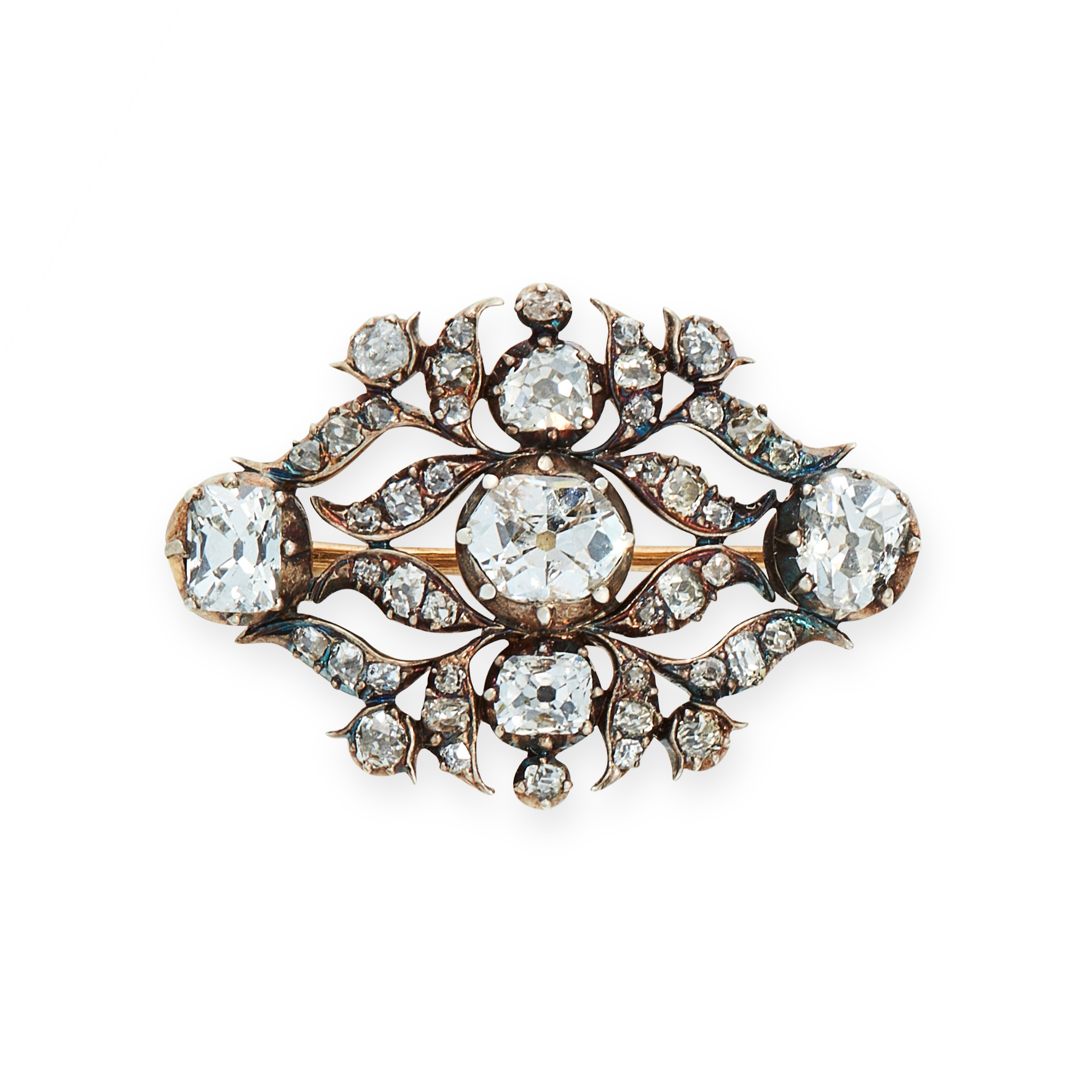 AN ANTIQUE DIAMOND BROOCH, EARLY 19TH CENTURY in yellow gold and silver, set with a principal