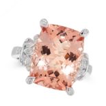 A MORGANITE AND DIAMOND DRESS RING in 18ct white gold, set with a cushion cut morganite of 9.40