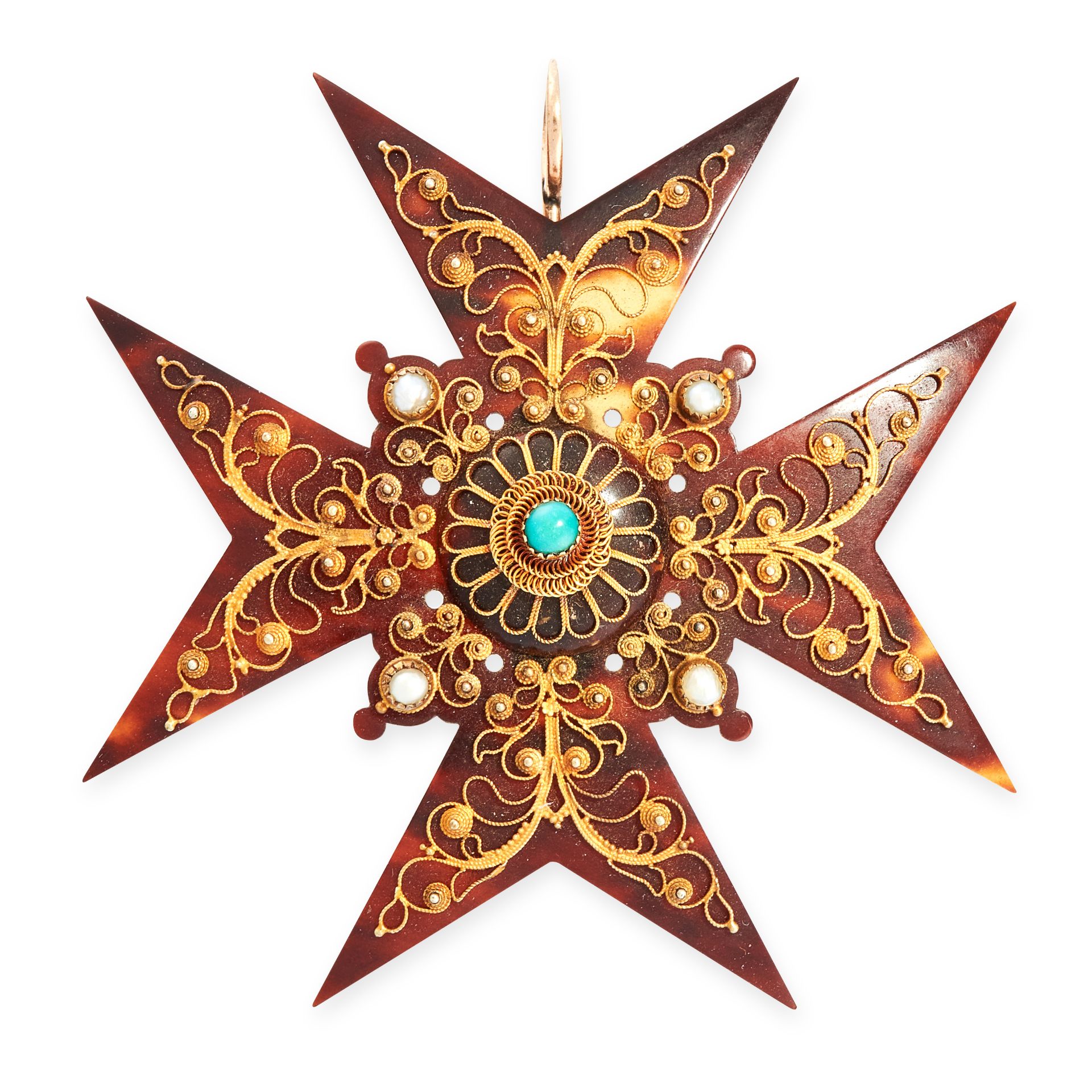 AN ANTIQUE TURQUOISE, PEARL AND TORTOISESHELL MALTESE CROSS PENDANT in yellow gold, the body of