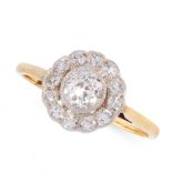 A DIAMOND CLUSTER DRESS RING, EARLY 20TH CENTURY in 18ct yellow gold, set with a central old cut