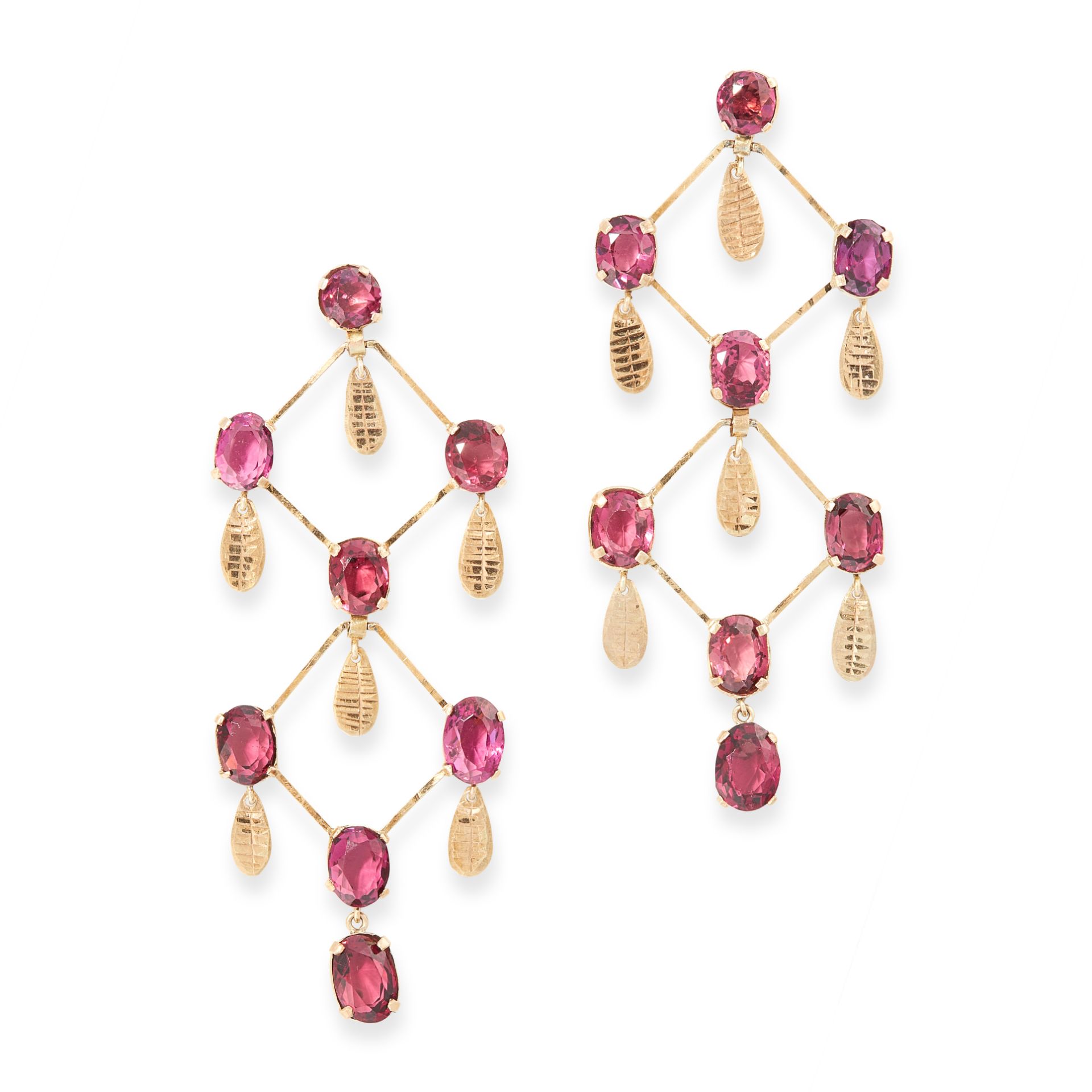 A PAIR OF GARNET CHANDELIER EARRINGS, EARLY 20TH CENTURY in yellow gold, the articulated body of