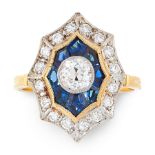 A DIAMOND AND SAPPHIRE DRESS RING, DIRCA 1940 in 18ct yellow gold, in Art Deco design, in the formed