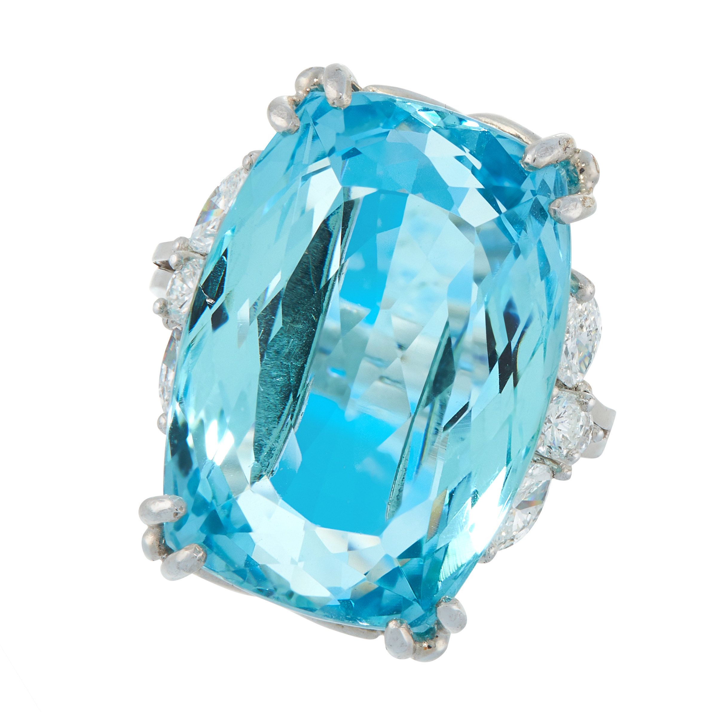 AN AQUAMARINE AND DIAMOND DRESS RING in platinum, set with a cushion cut aquamarine of 22.03 carats,